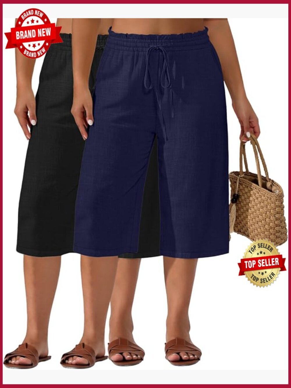 2 Pack Plus Size Linen Capris Wide Leg High Waisted Drawstring Cropped Pants